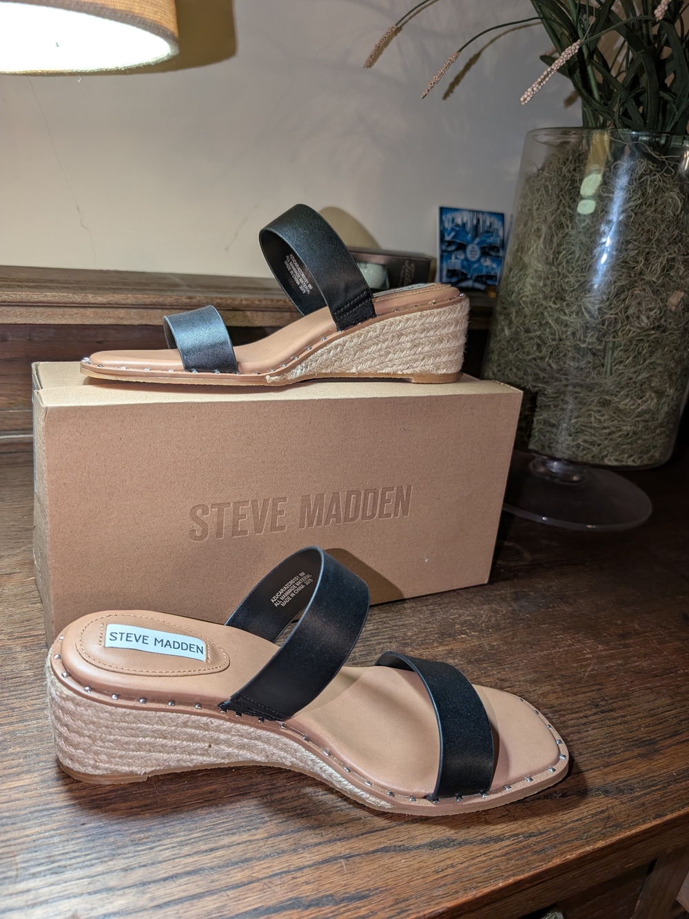 Steve Madden Black Dual-Strap Espadrille Wedge Sandals